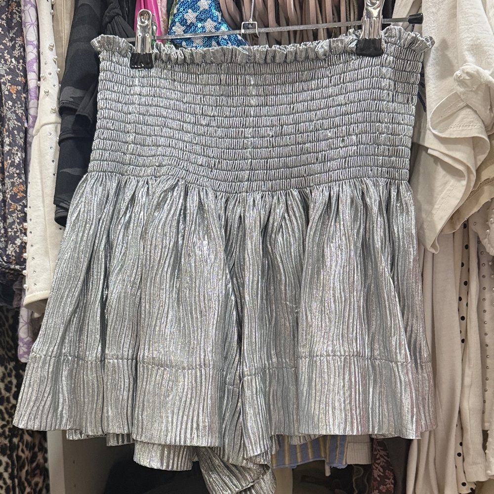 QUEEN OF SPARKLES Shimmery Silver Smocked Mini Skirt